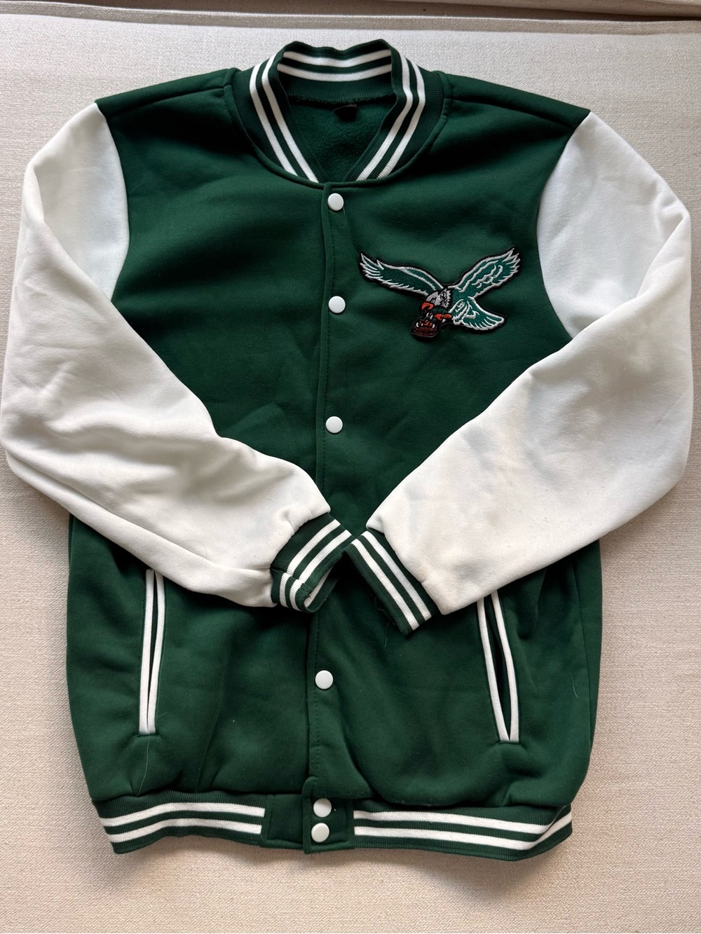 Eagles Green & White Varsity Jacket with Eagle Patch